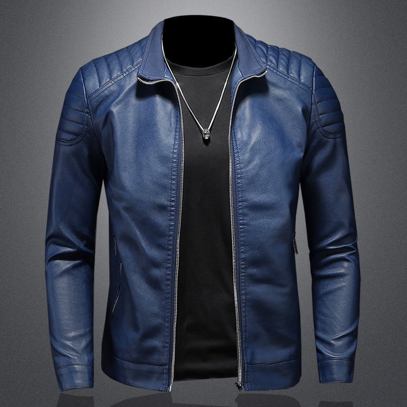 Men’s blue leather jacket with modern design, black shirt, and silver necklace, Vaezion Shop