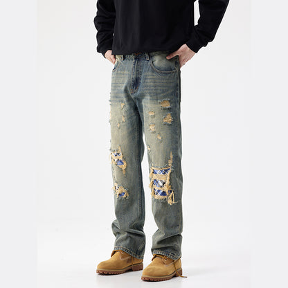 Retro Ripped Patch Denim Jeans