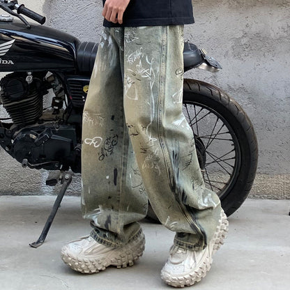 Graffiti print streetwear baggy jeans and chunky sneakers, Vaezion Shop urban style, motorcycle