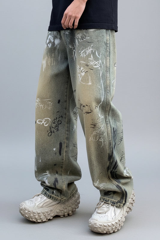 Graffiti print streetwear baggy jeans and chunky sneakers, Vaezion Shop urban style, motorcycle