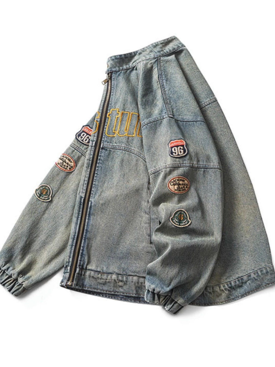 Embroidered Stand-Collar Denim Jacket