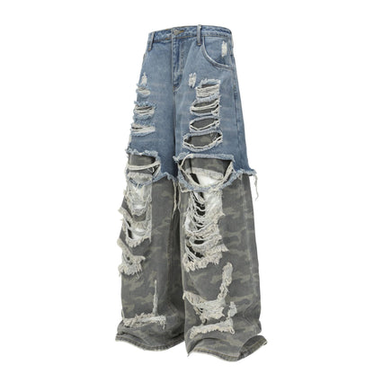 High-Street Faux Two-Piece Distressed Denim Jeans