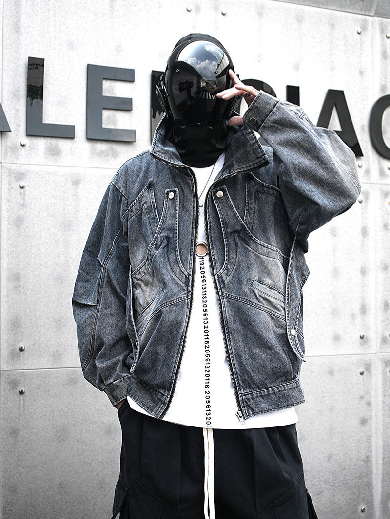 Man in streetwear denim jacket and reflective mask posing outside, Vaezion Shop style