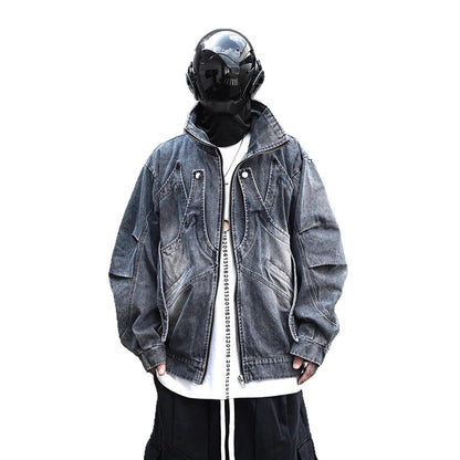 Man in futuristic helmet wearing oversized faded denim jacket, streetwear style, Vaezion Shop