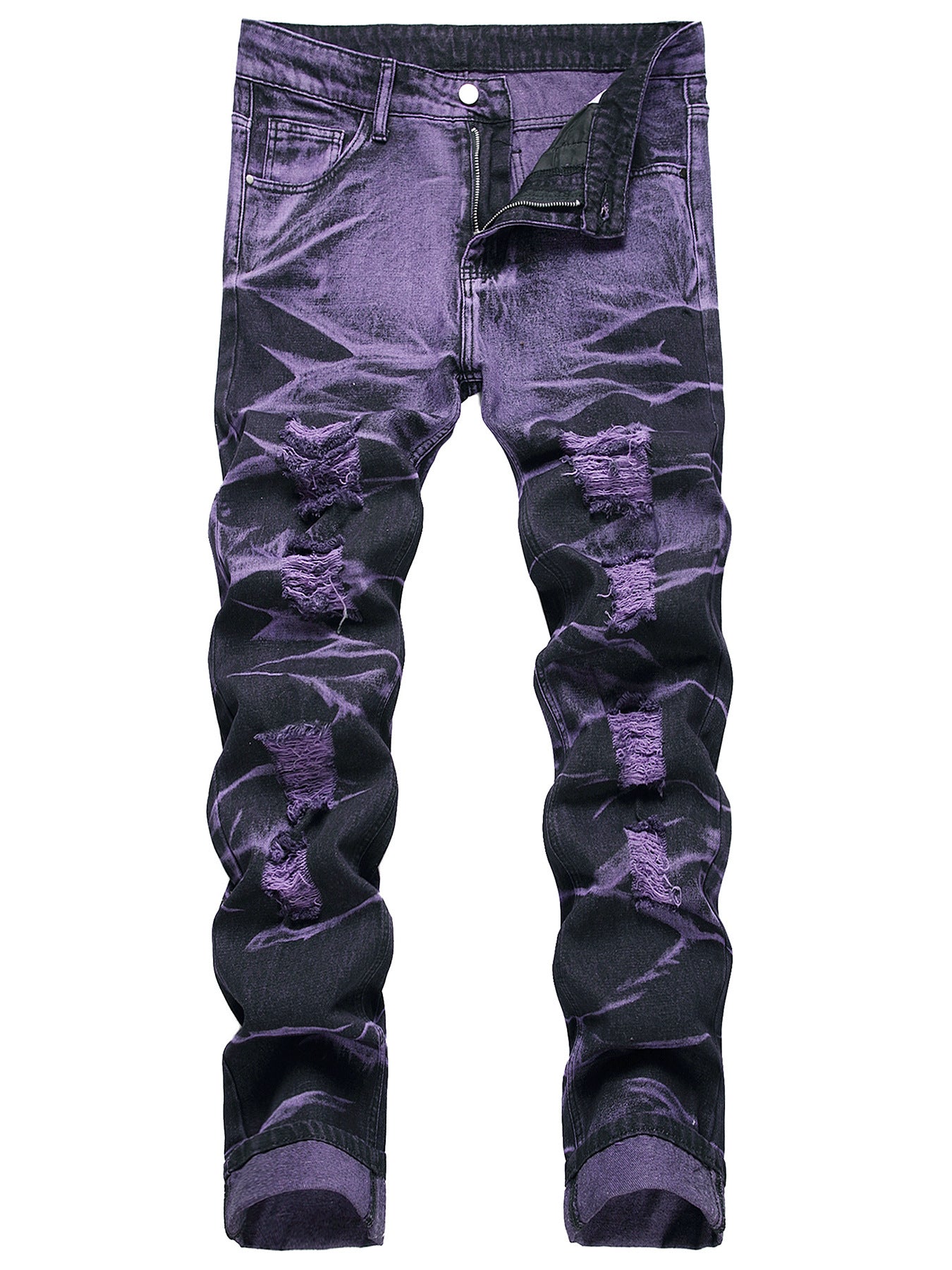 Purple and Black Distressed Straight-Leg Jeans