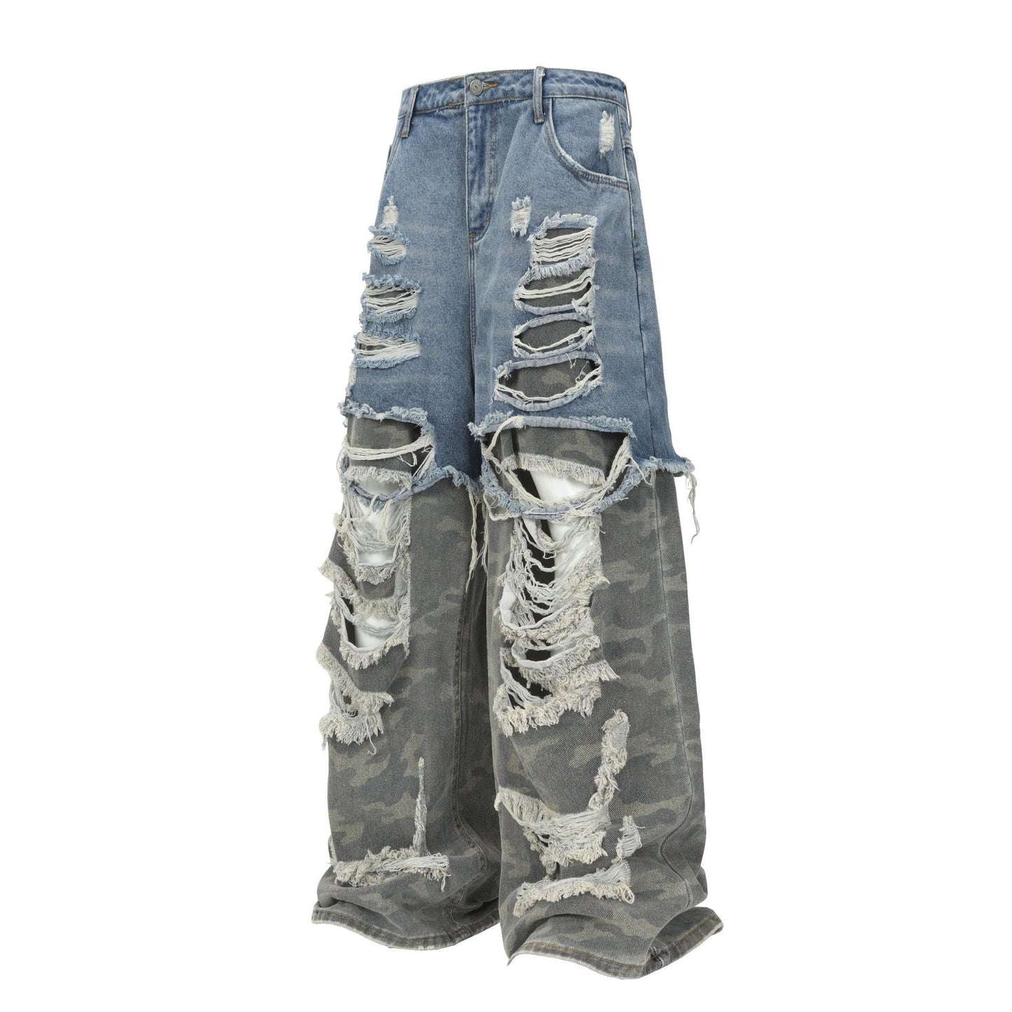 High-Street Faux Two-Piece Distressed Denim Jeans