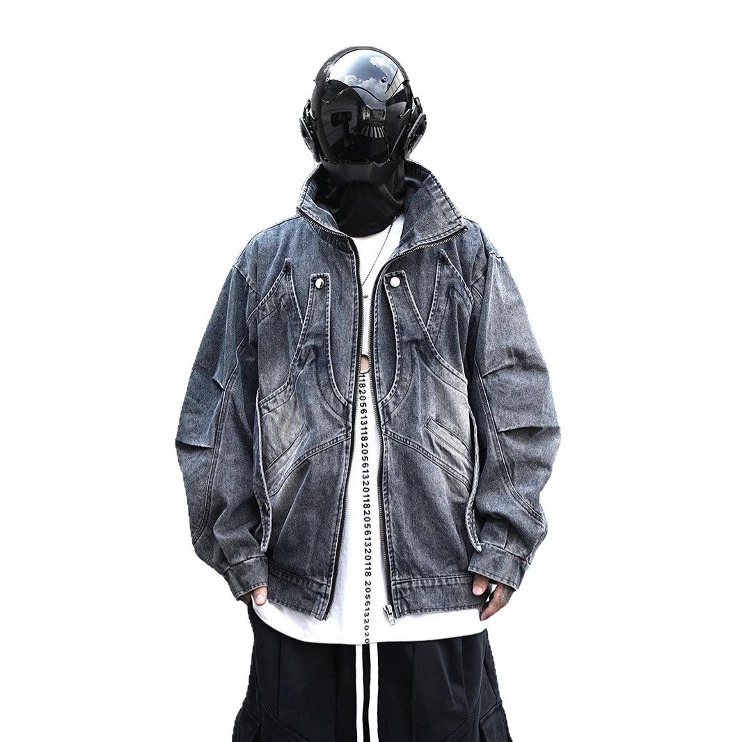 Mannequin in futuristic helmet and oversized denim jacket, Vaezion Shop street luxury style