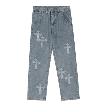 Light blue denim jeans with cross patches, streetwear style by Vaezion Shop