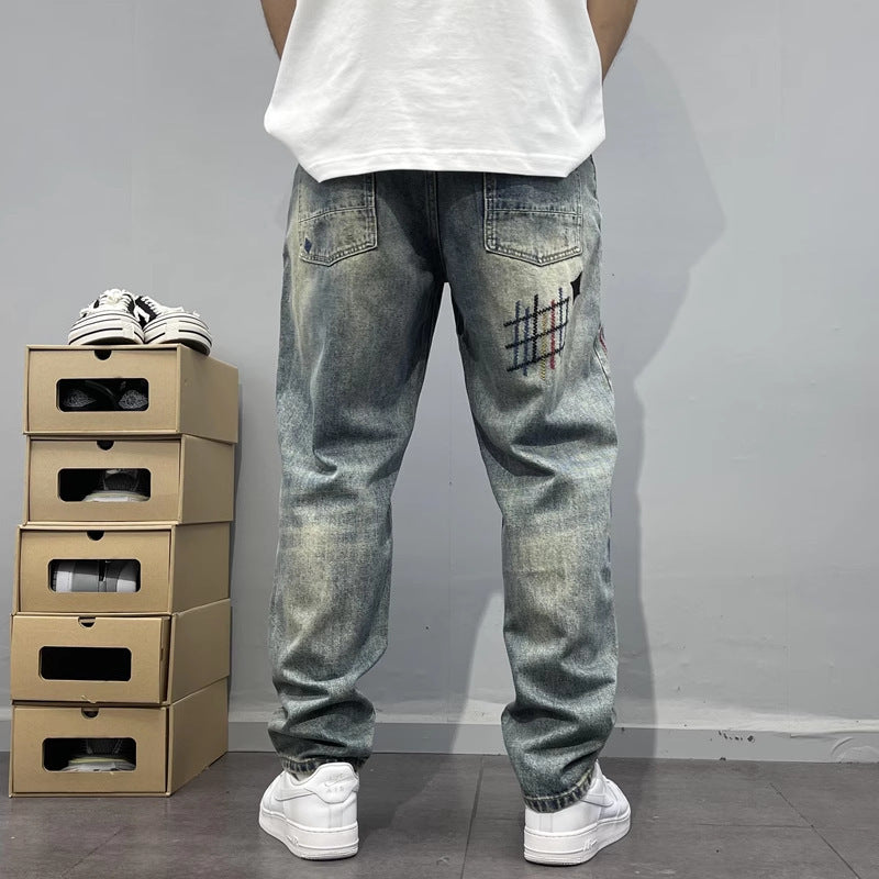 Distressed Embroidered Straight Denim Jeans