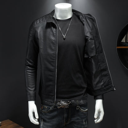 Men’s black leather jacket with streetwear style, luxe necklace, Vaezion Shop fashion