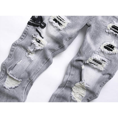 VAEZION Ripped Embroidered Jeans