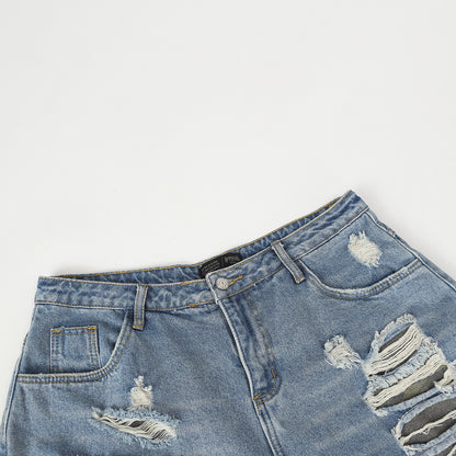 High-Street Faux Two-Piece Distressed Denim Jeans