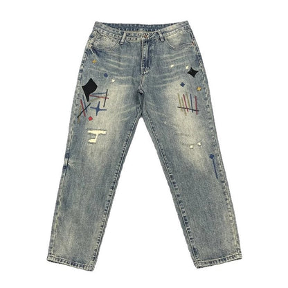 Distressed Embroidered Straight Denim Jeans