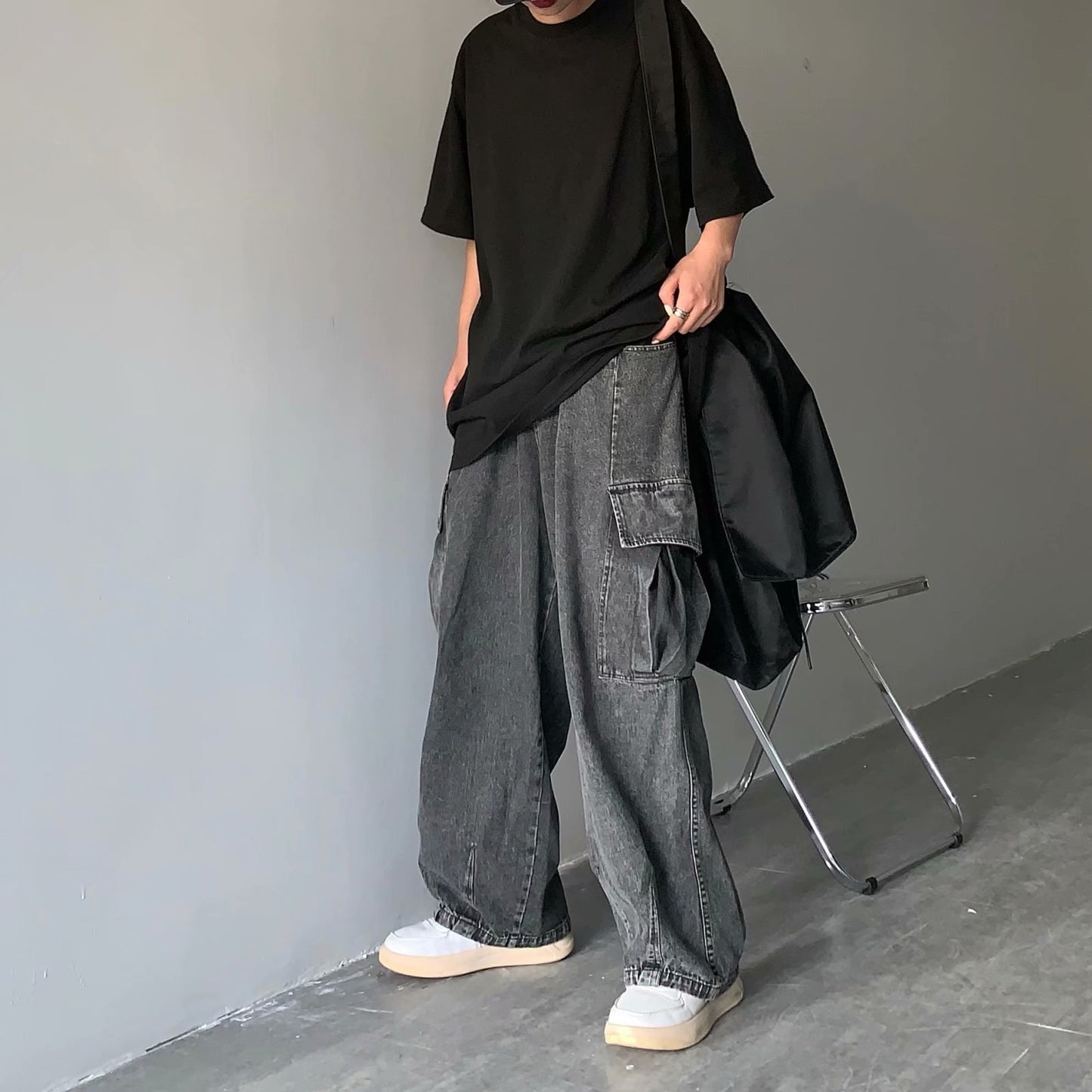 Washed Denim Wide Leg Pants