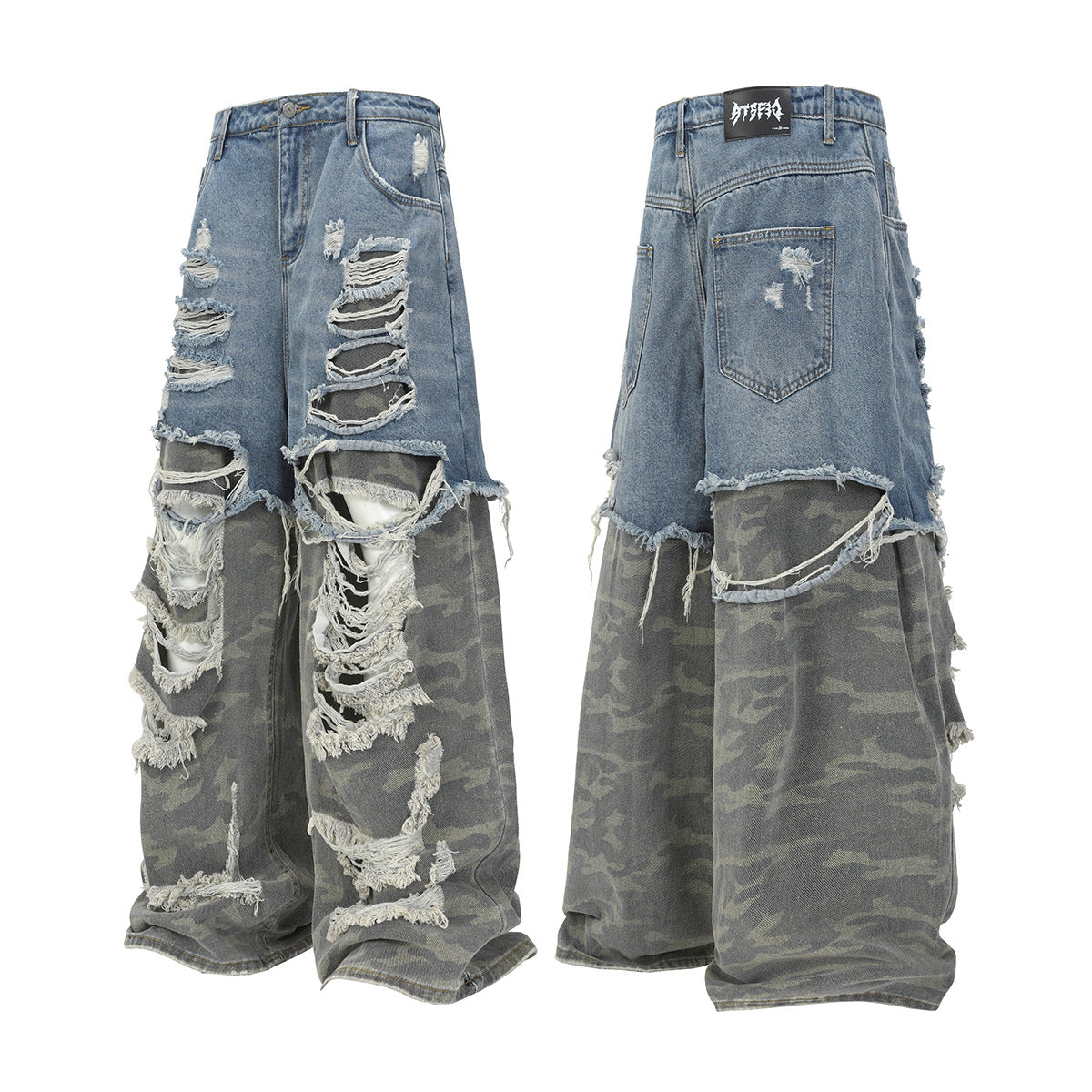 High-Street Faux Two-Piece Distressed Denim Jeans