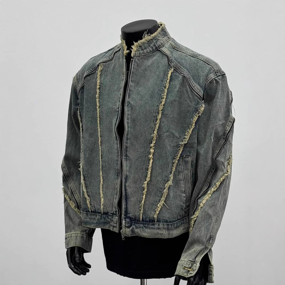 Men's distressed denim jacket with frayed seams on mannequin, Vaezion streetwear style