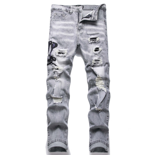 VAEZION Ripped Embroidered Jeans