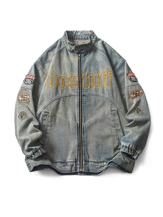 Embroidered Stand-Collar Denim Jacket