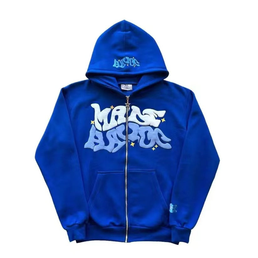 Hip-Hop Letter Print Fleece Zip Hoodie