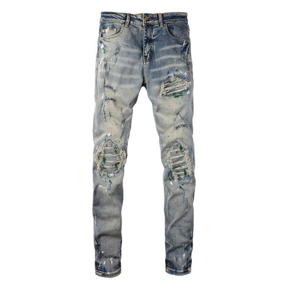 Distressed Patch Slim Denim Jeans