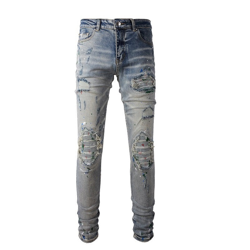 Distressed Patch Slim Denim Jeans