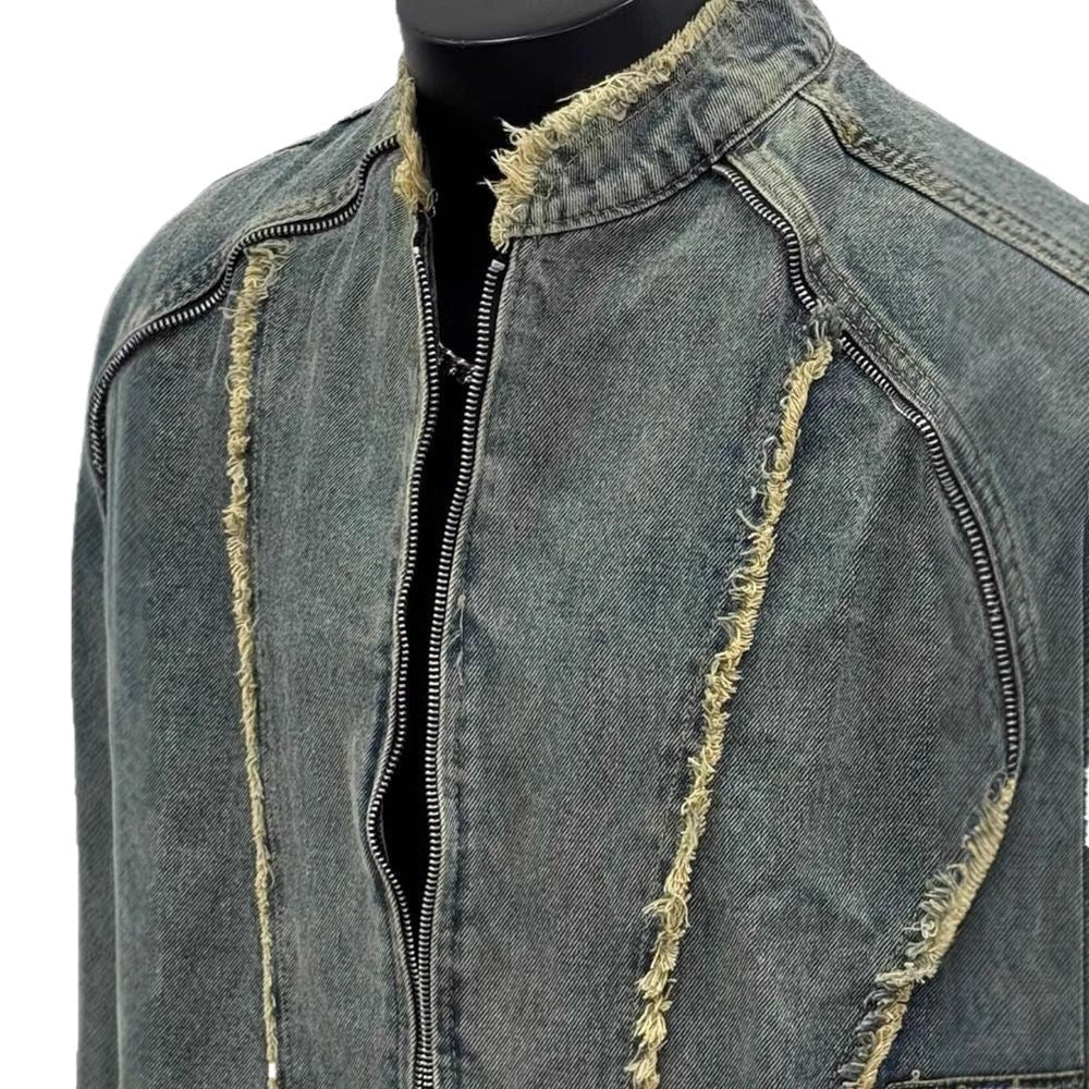 Vaezion Shop distressed denim jacket with raw edge seams, streetwear luxury style