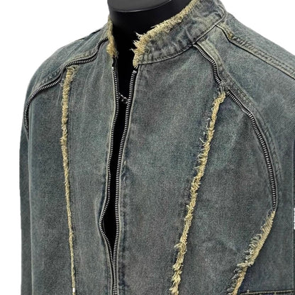 Vaezion Shop distressed denim jacket with raw edge seams, streetwear luxury style