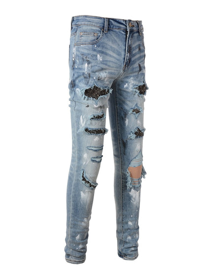 Slim-Fit Rhinestone Distressed Jeans