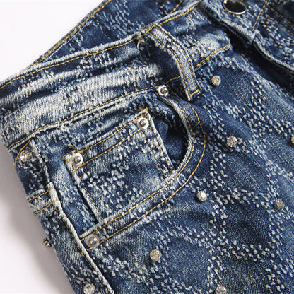 Beaded Plaid Straight-Flare Denim Jeans