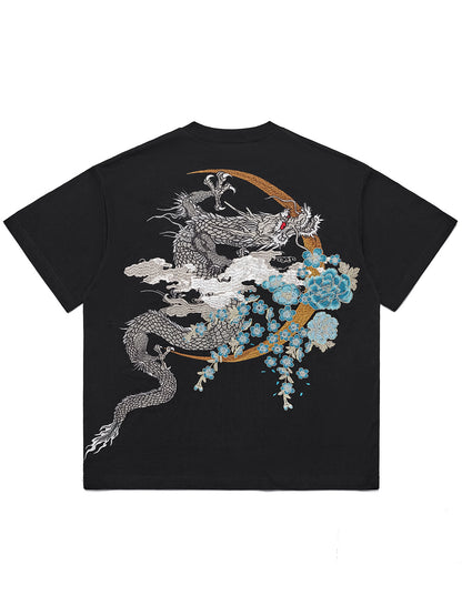 VAEZION Dragon Phoenix Embroidered T-Shirt