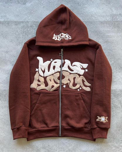 Hip-Hop Letter Print Fleece Zip Hoodie