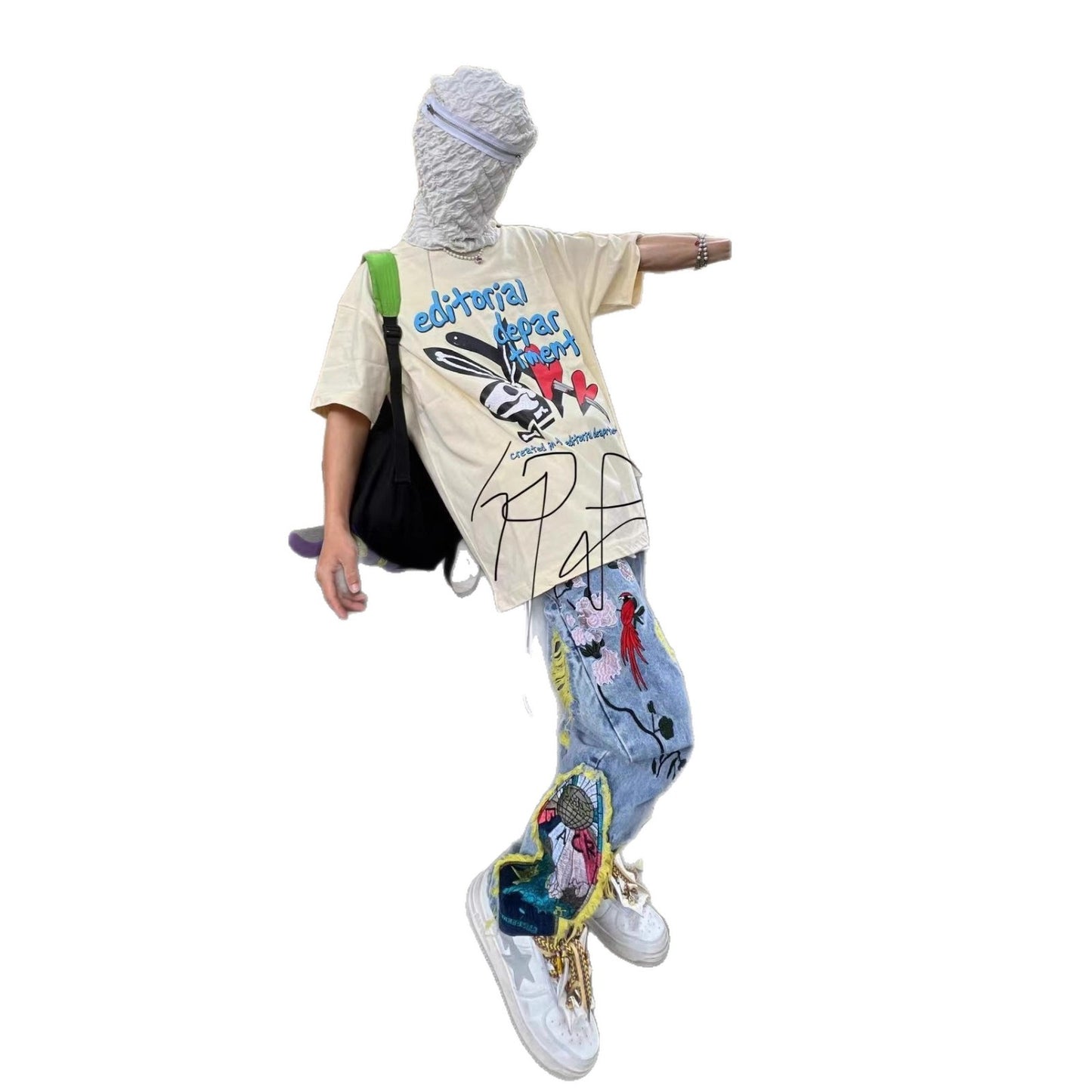 Brushed Embroidered Straight Denim Jeans