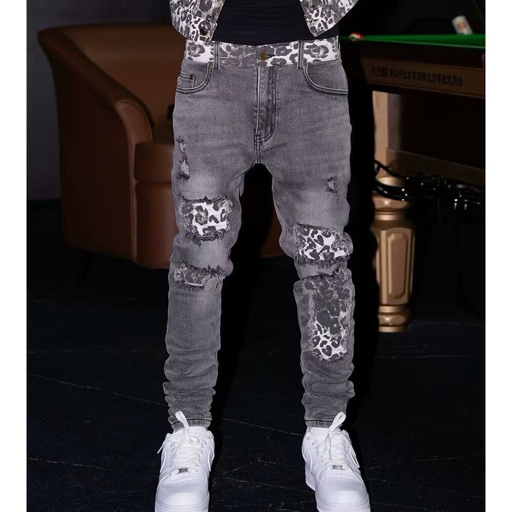 Men's Slim Fit Distressed Patchwork Jeans