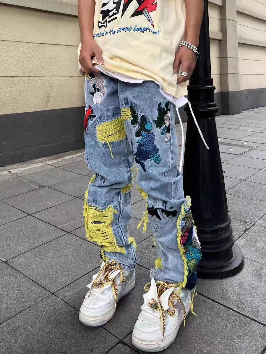 Brushed Embroidered Straight Denim Jeans