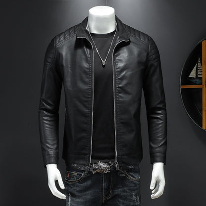 Men’s black leather jacket with ribbed shoulders, black t-shirt, and jeans, Vaezion Shop style