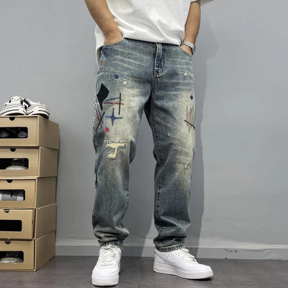Distressed Embroidered Straight Denim Jeans