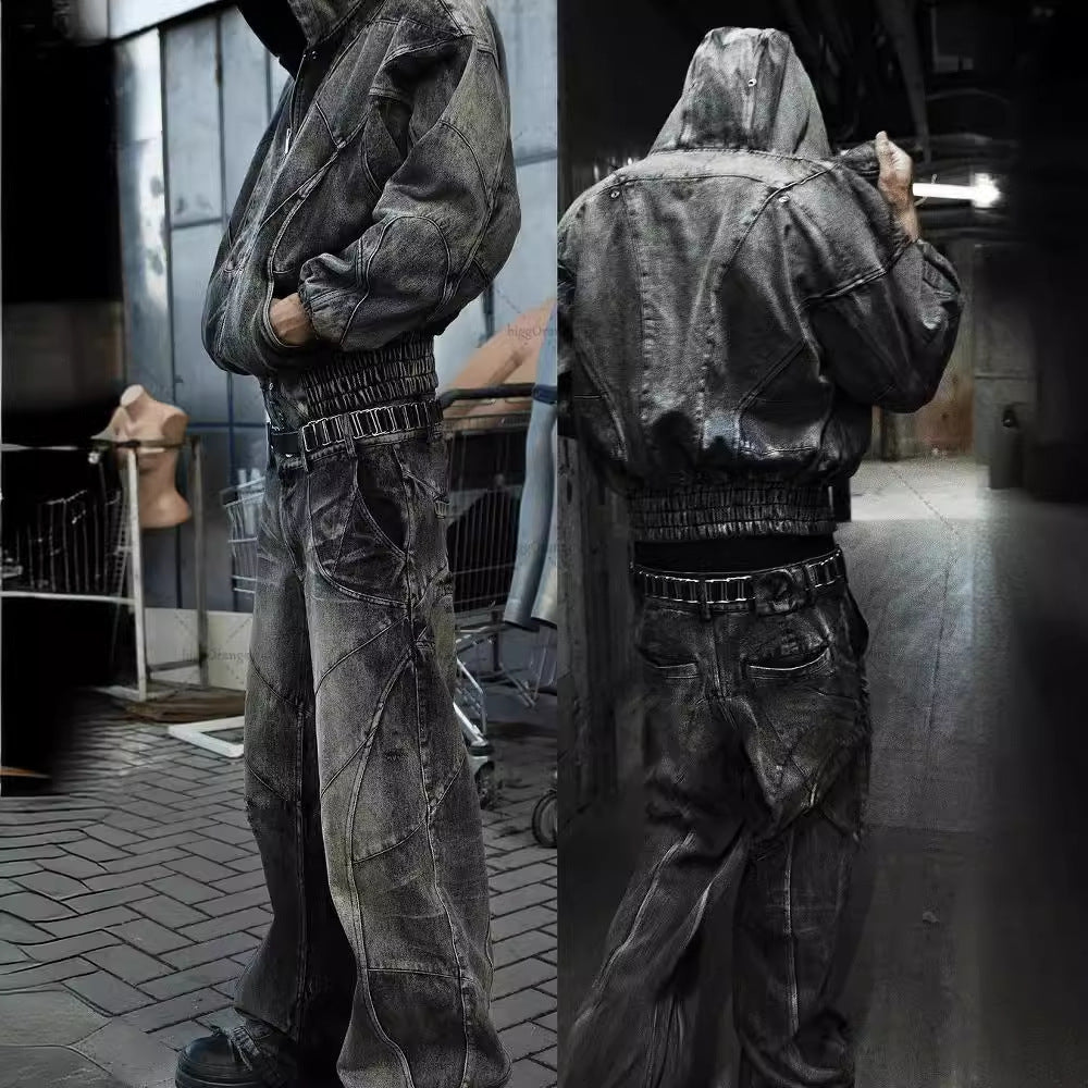 Man in distressed black denim hoodie and pants, streetwear style, Vaezion luxury fashion