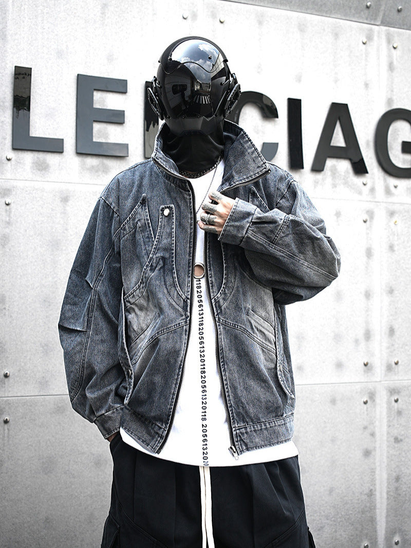 Man in a black futuristic helmet and denim jacket, street style fashion, Vaezion Shop