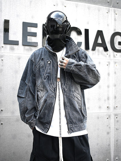 Man in a black futuristic helmet and denim jacket, street style fashion, Vaezion Shop