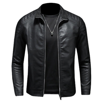 Men's black leather jacket with zipper, stylish streetwear from Vaezion Shop