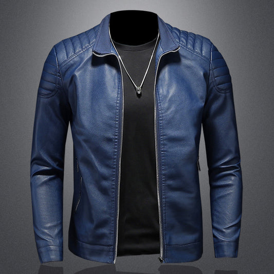 Men's blue leather jacket with zipper, quilted shoulders, and black shirt from Vaezion Shop
