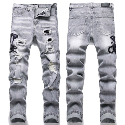 VAEZION Ripped Embroidered Jeans
