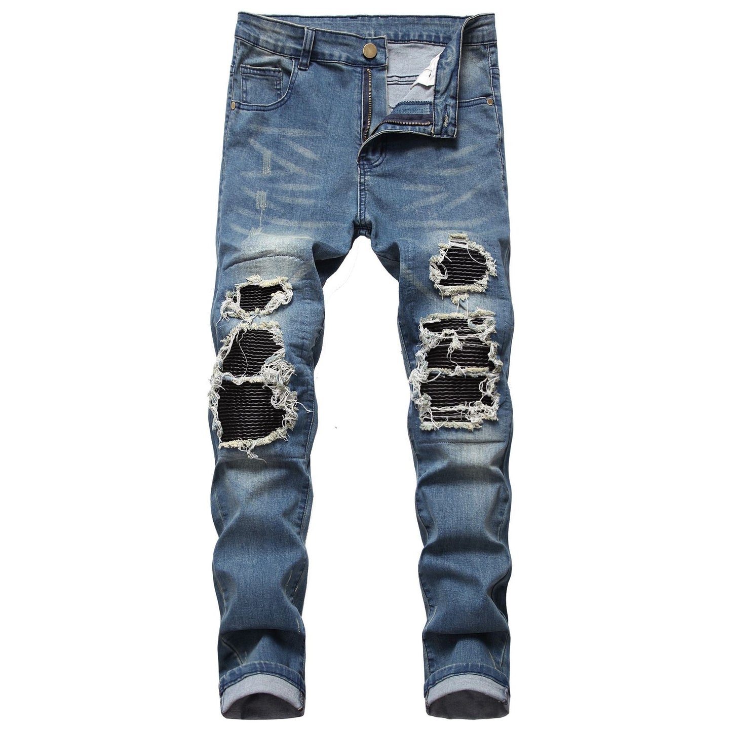 Slim-Fit Distressed Leather Accent Jeans