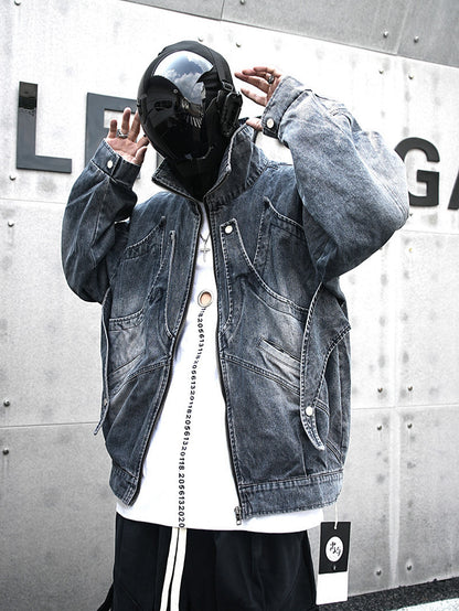 Man in an oversized denim jacket and futuristic black helmet, streetwear look at Vaezion Shop