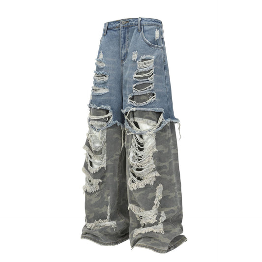 High-Street Faux Two-Piece Distressed Denim Jeans