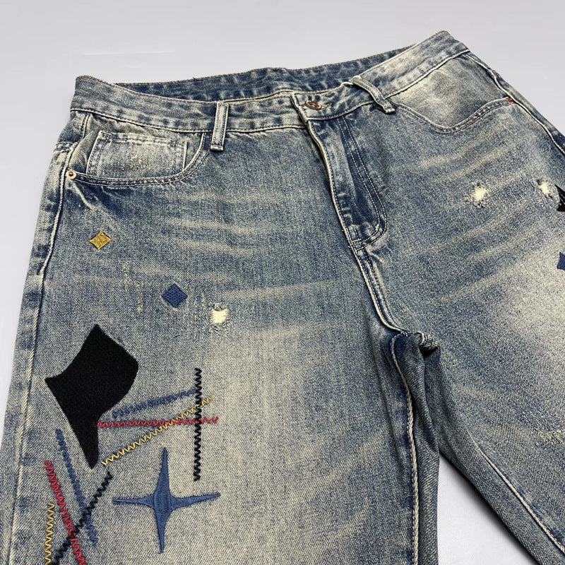 Distressed Embroidered Straight Denim Jeans