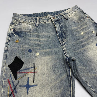 Distressed Embroidered Straight Denim Jeans