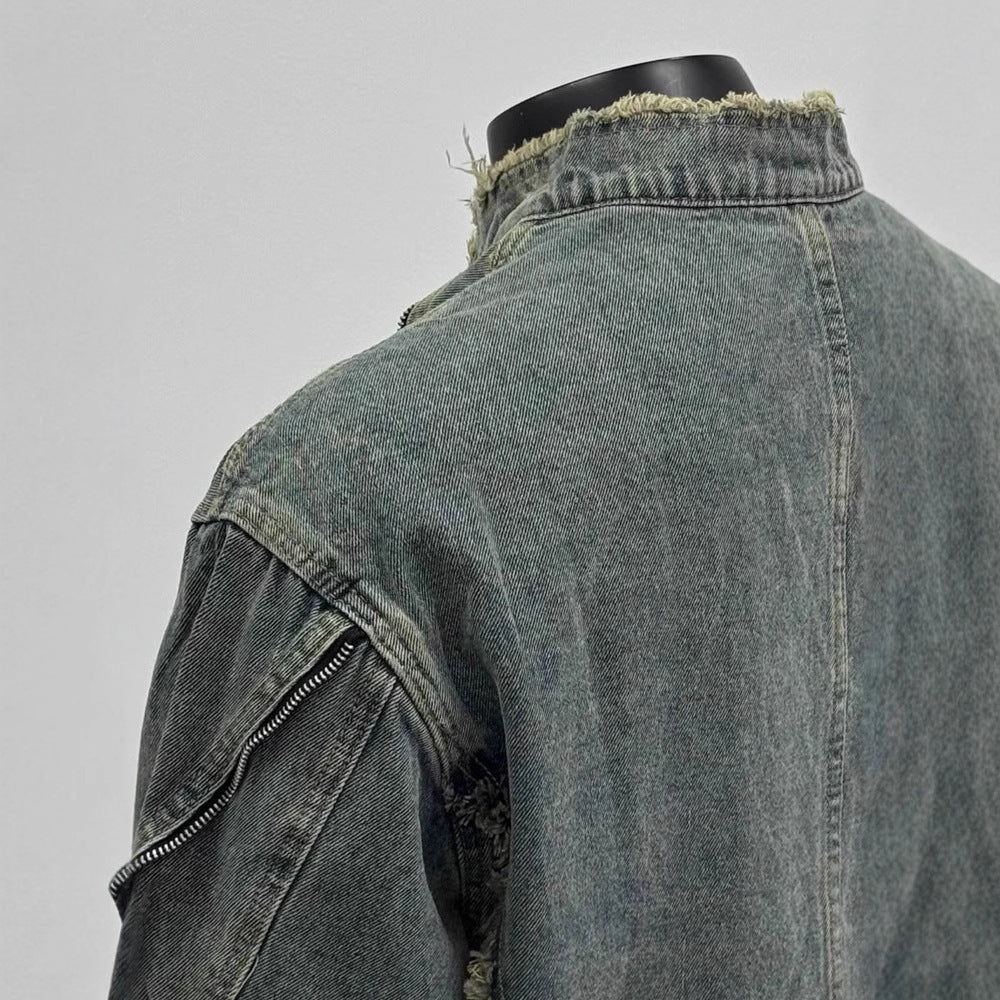 Distressed denim jacket with frayed collar and zipper detail, Vaezion Shop streetwear