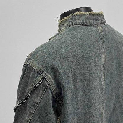 Distressed denim jacket with frayed collar and zipper detail, Vaezion Shop streetwear