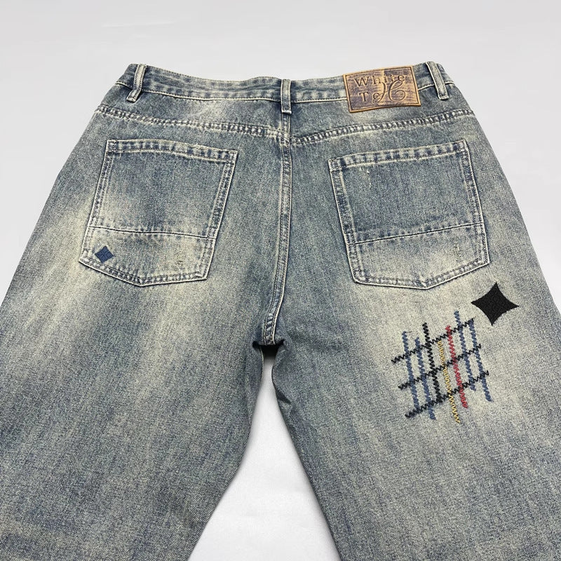 Distressed Embroidered Straight Denim Jeans